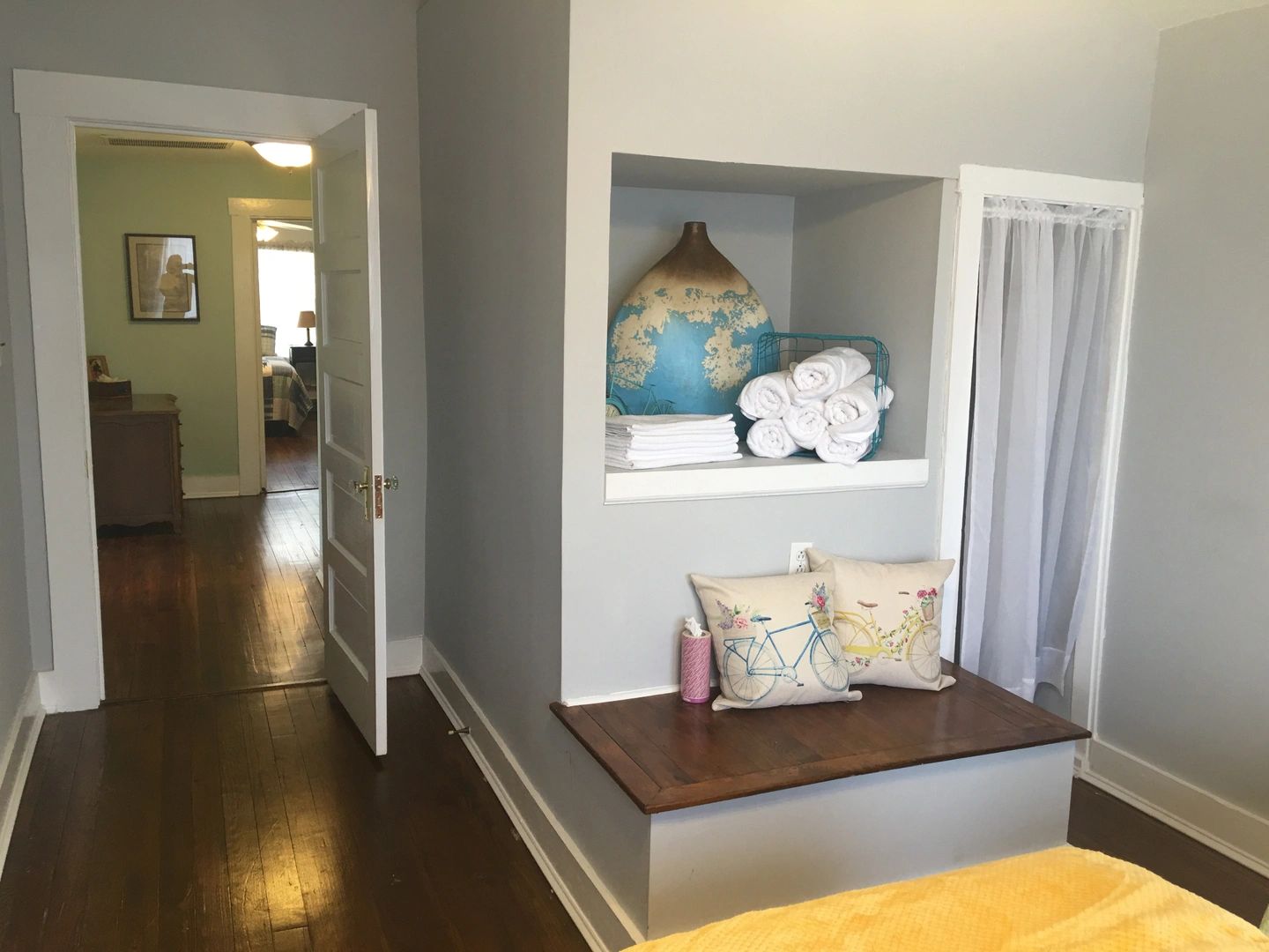 Bedroom with built-in shelving